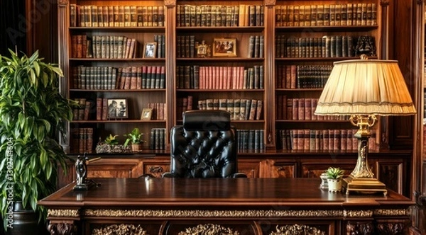 Fototapeta the interior of an old-style law office, featuring rich mahogany furniture and bookshelves filled with leather-bound books