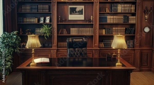 Fototapeta the interior of an old-style law office, featuring rich mahogany furniture and bookshelves filled with leather-bound books