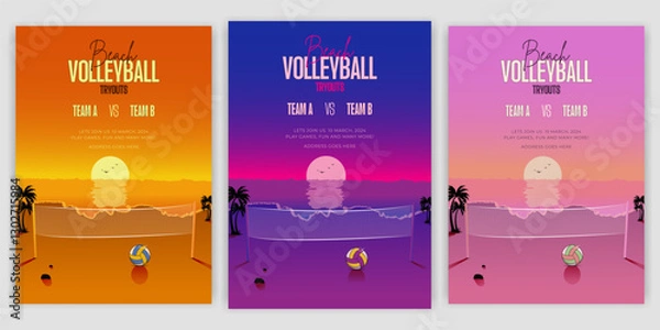 Fototapeta Beach volleyball tournament posters and flyer with a volleyball ball template Beach volleyball championship flyer layout design with vector elements award ribbon leaflet laurel wreath leisure games.
