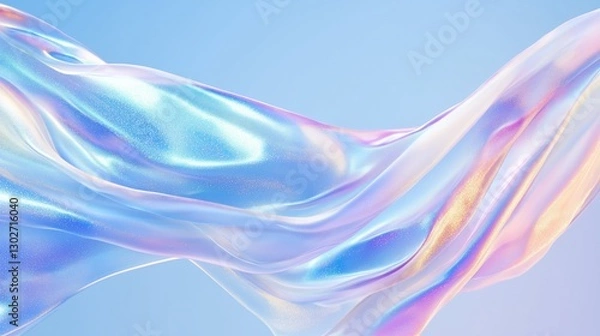 Fototapeta Iridescent, holographic fabric flows ethereally in the wind against a light blue sky, shimmering with subtle glitter and conveying tranquility