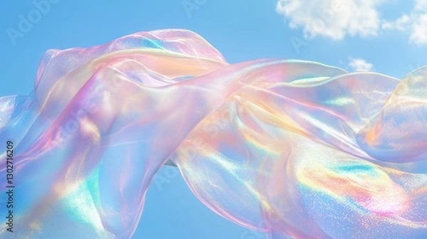 Fototapeta Iridescent, holographic fabric flows ethereally in the wind against a light blue sky, shimmering with subtle glitter and conveying tranquility