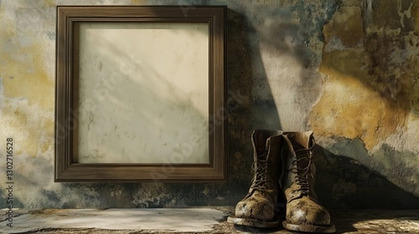 Fototapeta An empty, square, oak frame hangs on a Provence country house wall above muddy boots, in cinematic light, suitable for a home decor magazine cover