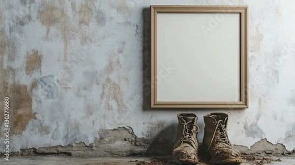 Fototapeta An empty, square, oak frame hangs on a Provence country house wall above muddy boots, in cinematic light, suitable for a home decor magazine cover