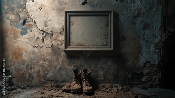 Fototapeta An empty, square, oak frame hangs on a Provence country house wall above muddy boots, in cinematic light, suitable for a home decor magazine cover