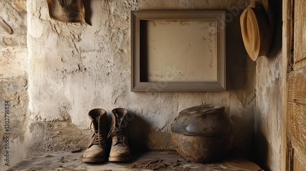 Fototapeta An empty, square, oak frame hangs on a Provence country house wall above muddy boots, in cinematic light, suitable for a home decor magazine cover