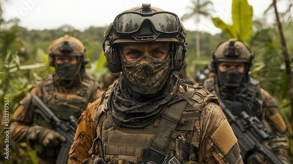 Obraz Soldiers in camouflage gear in jungle.