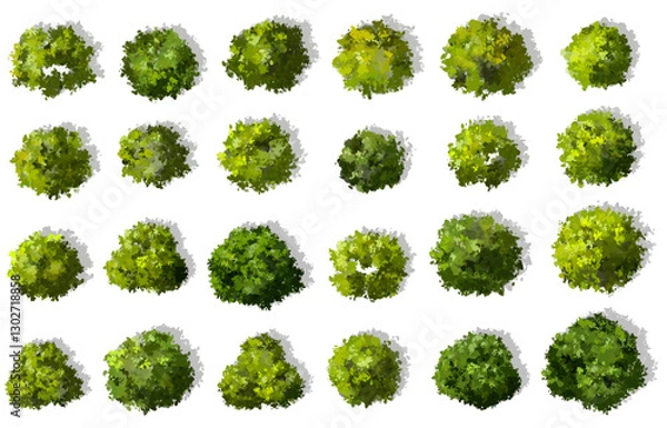 Fototapeta Vertor set of green tree with shadow,plants top view for landscape plan,schematic layout,eco environment concept design,watercolor greenery illustration