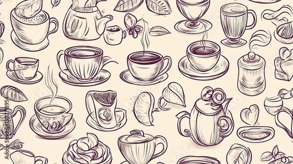 Fototapeta Hand-drawn Sketches of Tea and Coffee Cups with Leaves and Flowers in a Seamless Pattern