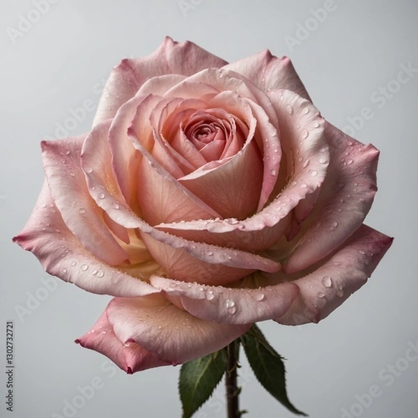 Fototapeta A delicate pink rose in full bloom, with soft petals unfolding gracefully, isolated on a pure white background.