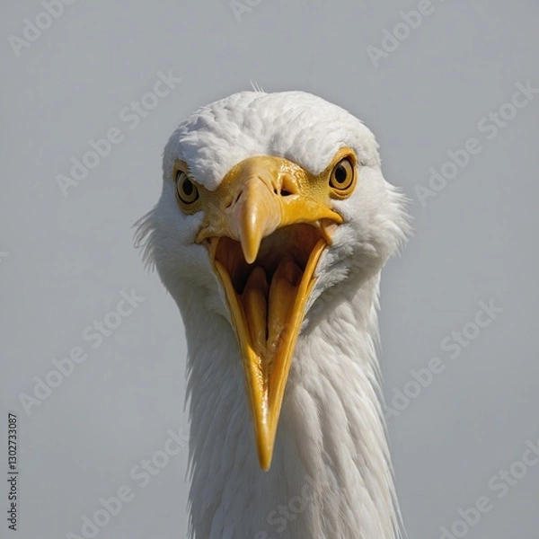 Fototapeta "A close-up of an egret's sharp yellow beak and piercing eyes, perfectly lit against a seamless white backdrop."