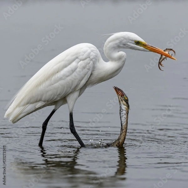 Fototapeta "A great egret holding a small fish in its beak, captured in high detail on a white background."