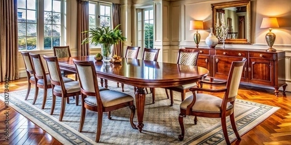 Fototapeta Polished Cherry Wood Dining Table -  Empty Product Display, Classic Interior, Stock Photo
