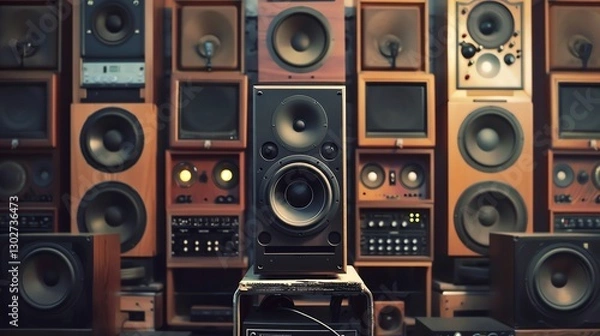Fototapeta A black speaker in front of a wall of speakers and audio equipment.