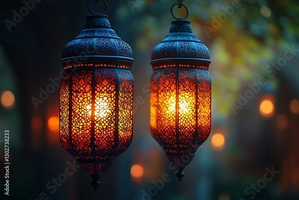 Fototapeta Intricately Designed Lanterns Glowing Warmly Against Blurred Background
