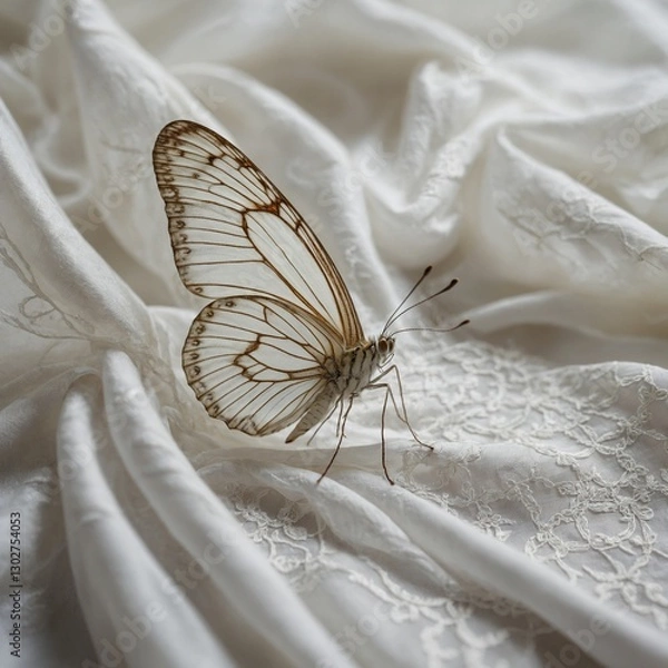 Fototapeta A delicate white butterfly with intricate wing patterns, softly resting on a white silk fabric.
