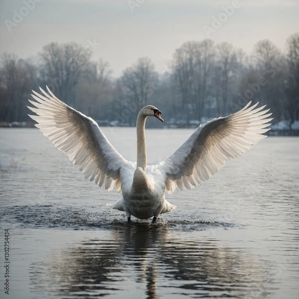 Fototapeta A majestic white swan with its wings slightly spread, standing gracefully against a seamless white backdrop.