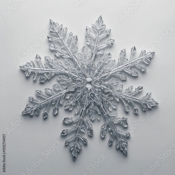 Fototapeta A close-up of a perfectly symmetrical snowflake resting on a smooth, white background.