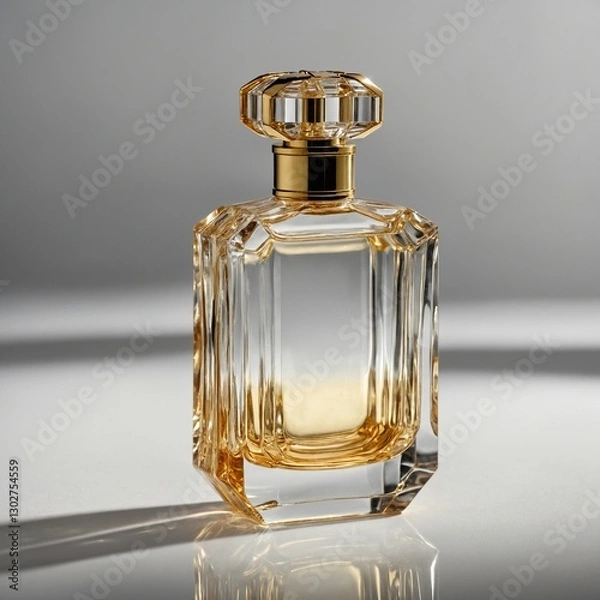 Fototapeta A crystal-clear glass perfume bottle with golden accents, reflecting soft light on a pristine white surface.