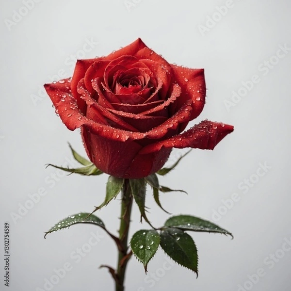 Fototapeta A single vibrant red rose with delicate dewdrops on its petals, set against a pure white background.