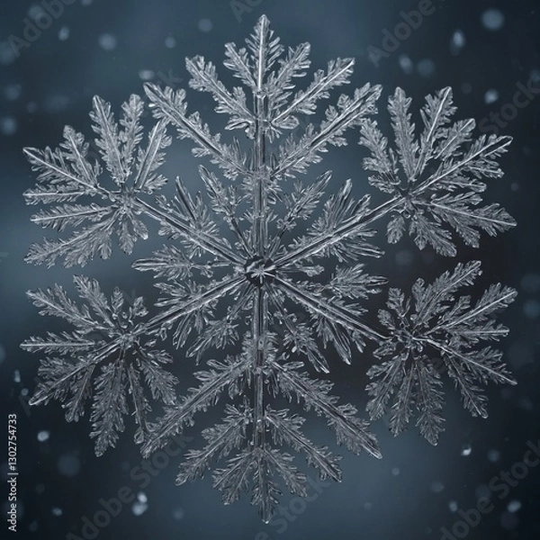 Fototapeta A perfectly symmetrical snowflake, magnified to reveal its intricate crystalline details.