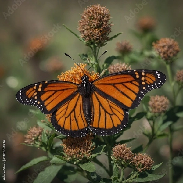 Fototapeta A close-up of a monarch butterfly with vivid orange and black wings, perched gently on an invisible surface.