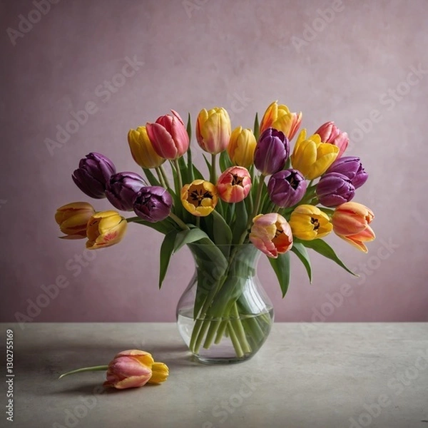 Fototapeta A colorful bouquet of tulips in shades of pink, yellow, and purple, arranged in a simple glass vase.
