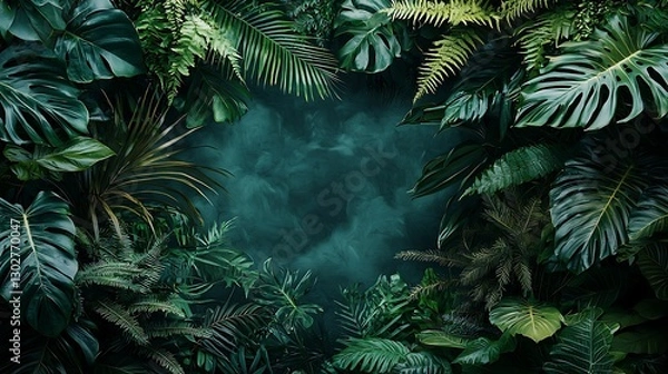 Obraz Lush Tropical Leaves Frame, Dark Background, Nature Scene, Mockup