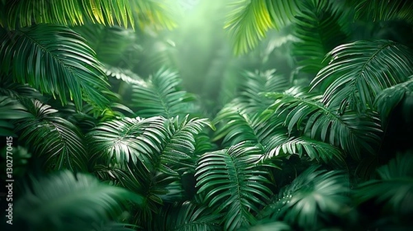 Fototapeta Lush tropical rainforest, sunlight filtering, dense foliage, jungle background, nature wallpaper.
