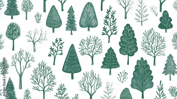 Fototapeta Seamless hand drawn forest pattern. Green and white. Vintage vector illustration.