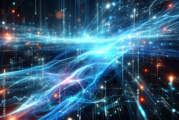 Obraz Abstract futuristic - technology Design digital Artificial intelligence. Science background. Big data circuit board texture background design. Waves flow. Quantum .technology concept. 3d illustration.