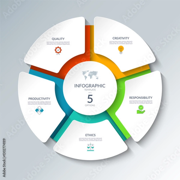 Obraz Infographic circular diagram with 5 options. Round chart that can be used for business presentations, educational resources, marketing materials, visualizing data, simplifying complex information.
