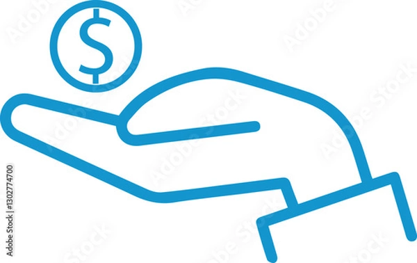 Fototapeta Red outline, open hand, dollar symbol, money concept, financial icon minimalist design, flat illustration graphic representation, business pictogram	