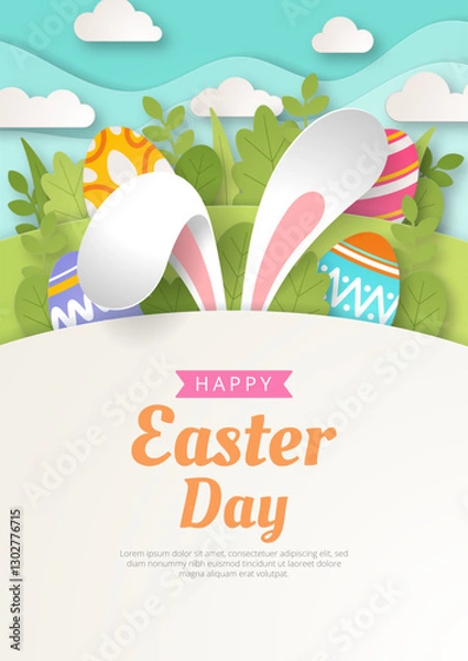 Fototapeta Happy Easter background with paper cut bunny, flowers and eggs. Vector illustration.