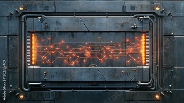 Fototapeta Futuristic metallic panel with glowing circuitry and pipes, set against a dark industrial backdrop