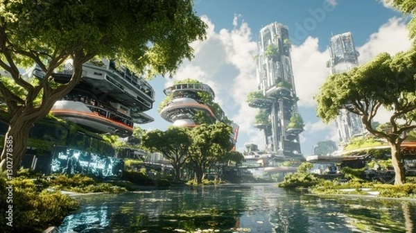 Fototapeta Futuristic cityscape with floating structures and lush greenery beside a serene waterway