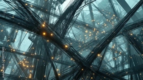 Fototapeta Abstract network of intertwining strands illuminated by glowing nodes in a digital environment