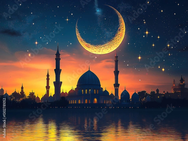 Obraz Digital illustration of mosque with crescent moon and stars on gradient