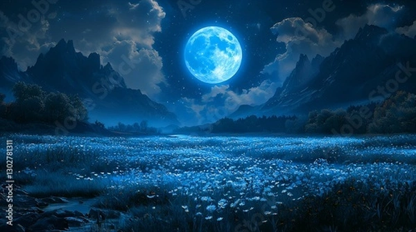 Obraz Moonlit meadow, mountains, night scene, tranquil landscape. Possible stock use