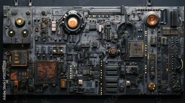 Fototapeta Intricate vintage circuit board with glowing elements, showcasing technology and design aesthetics