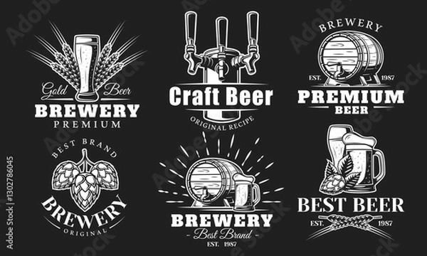 Obraz Beer logo set isolated on black background. Brewery emblem design. Beer elements from labels: tap, wheat, glass, mug, barrel. Vector illustration