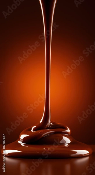 Fototapeta Rich chocolate syrup flows gracefully onto a glossy surface with a warm background