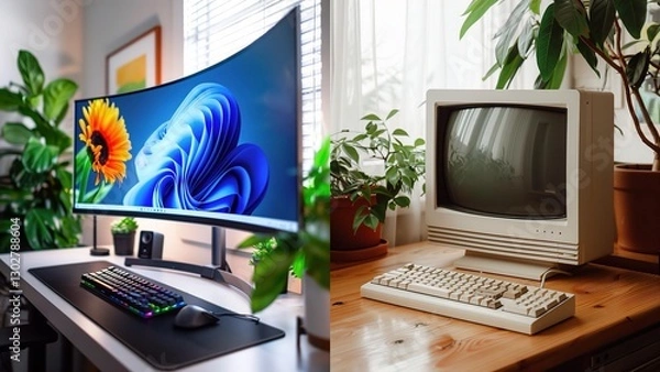 Fototapeta A vibrant contrast of technology: a modern curved monitor with colorful display alongside an old-school computer setup. generation comparison, old vs new age
