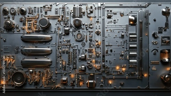 Fototapeta Close-up view of a complex circuit board with illuminated components and intricate details