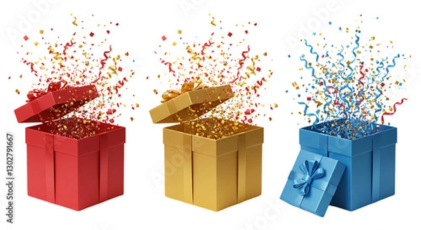 Obraz Three Open Gift Boxes Colorful Confetti Surprise Celebration Festive Holiday Presents 3D Red Joy Bow