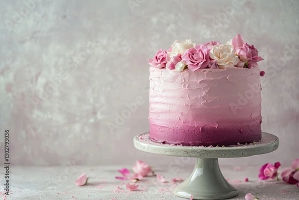 Fototapeta Elegant pink ombre cake with smooth buttercream frosting, adorned with delicate sugar roses and fresh flowers, placed on a cake stand.