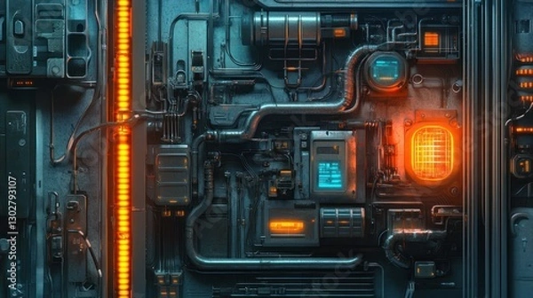 Fototapeta Futuristic industrial panel with glowing elements, intricate piping, and digital displays in a tech environment