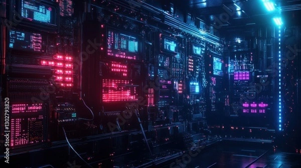 Obraz Futuristic digital data center with vibrant neon lights illuminating high-tech equipment