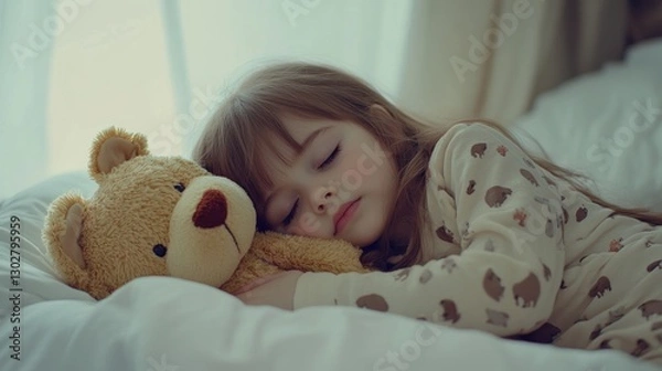 Fototapeta A little girl sleeping in bed soundly with her teddy bear while wearing a blanket, hugging it tightly and looking peaceful while in dreamland with a white background of her room