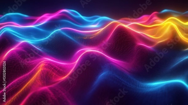 Obraz Vibrant neon waves undulating in a dark space, creating a mesmerizing abstract background