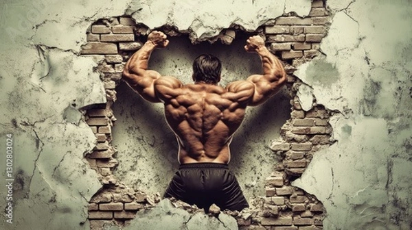 Fototapeta A muscular man breaks through an old wall with his back, showing strength and determination in the face of challenges. The scene is set in a gym.